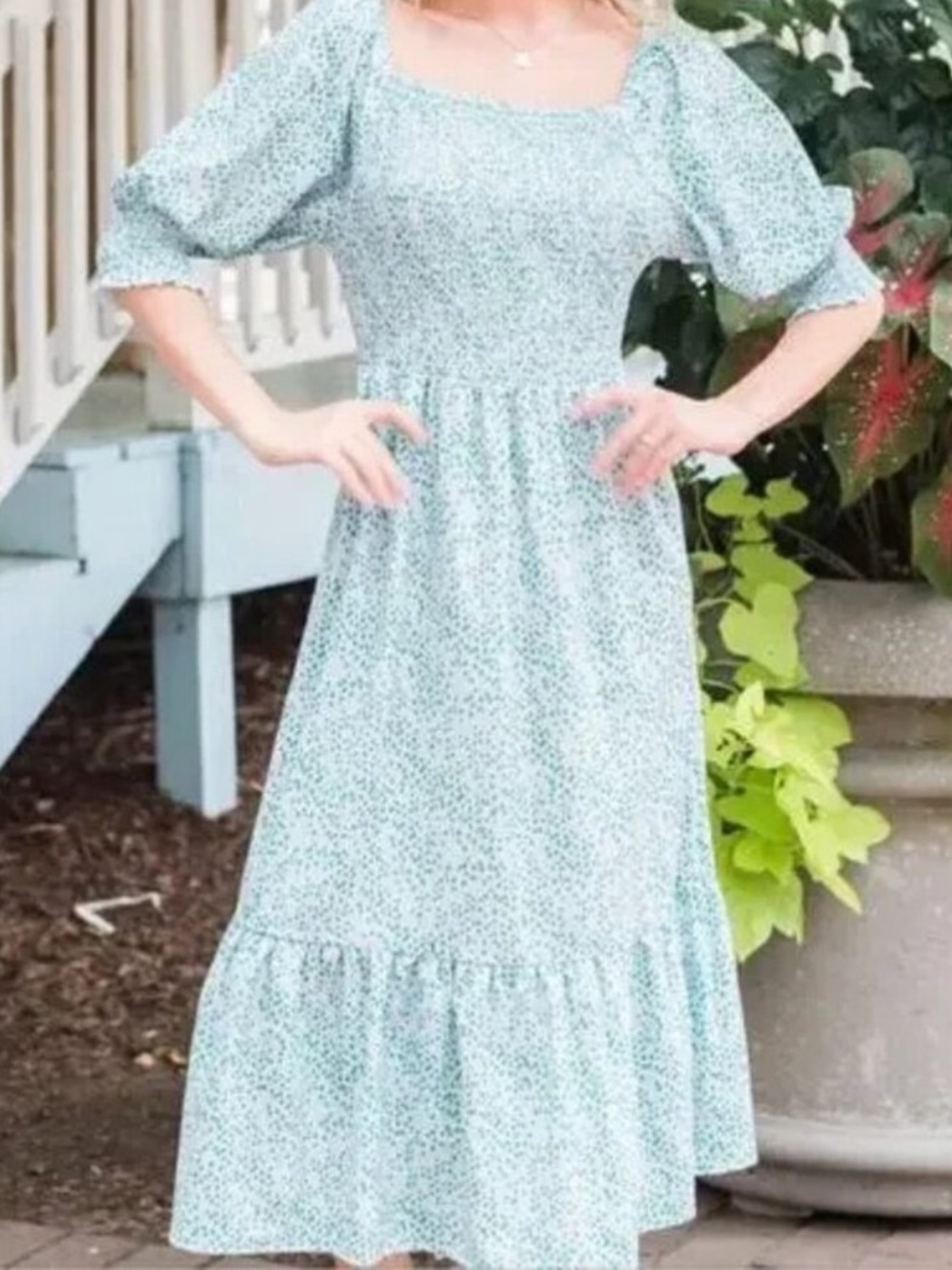 Michelle McDowell Smocked Square-Neck Maxi Dress in Mint Green Dot Sz L